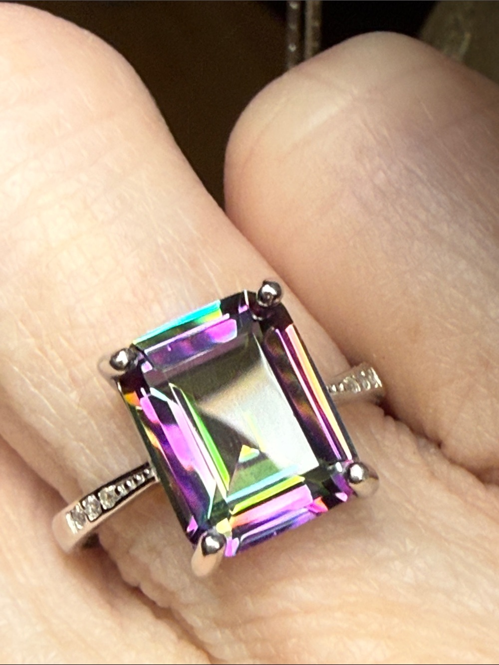3 CT Mystic Topaz Emerald Cut 925 Sterling Silver Ring Moissanite Diamonds NEW
